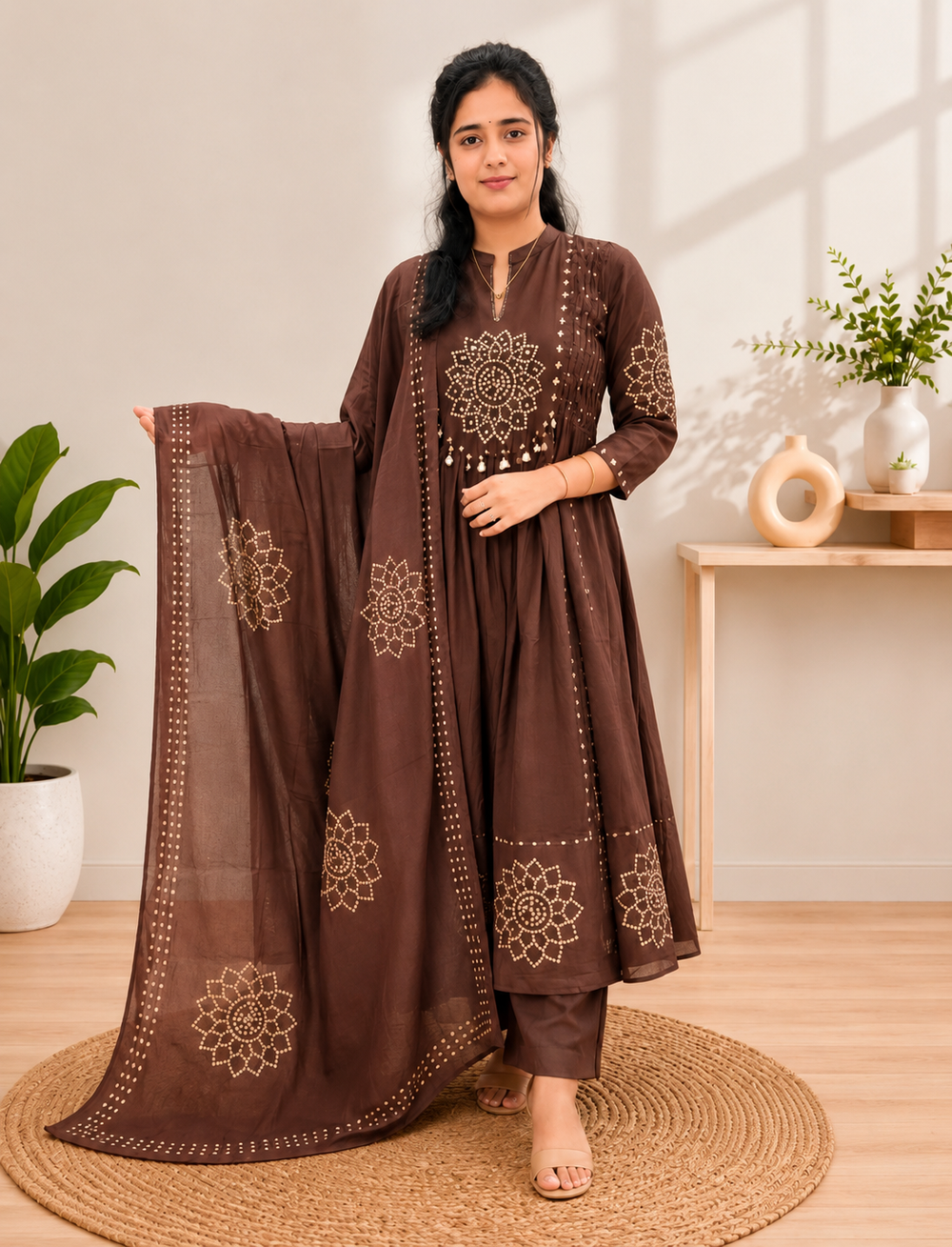 Women's Brown Printed 3-Piece Kurta Set with Dupatta