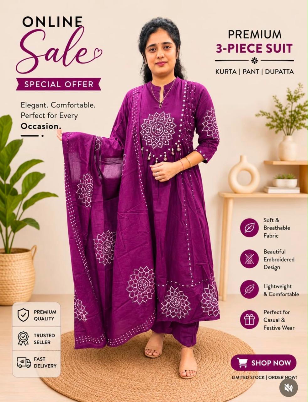 Women's  Printed 3-Piece Kurta Set with Dupatta