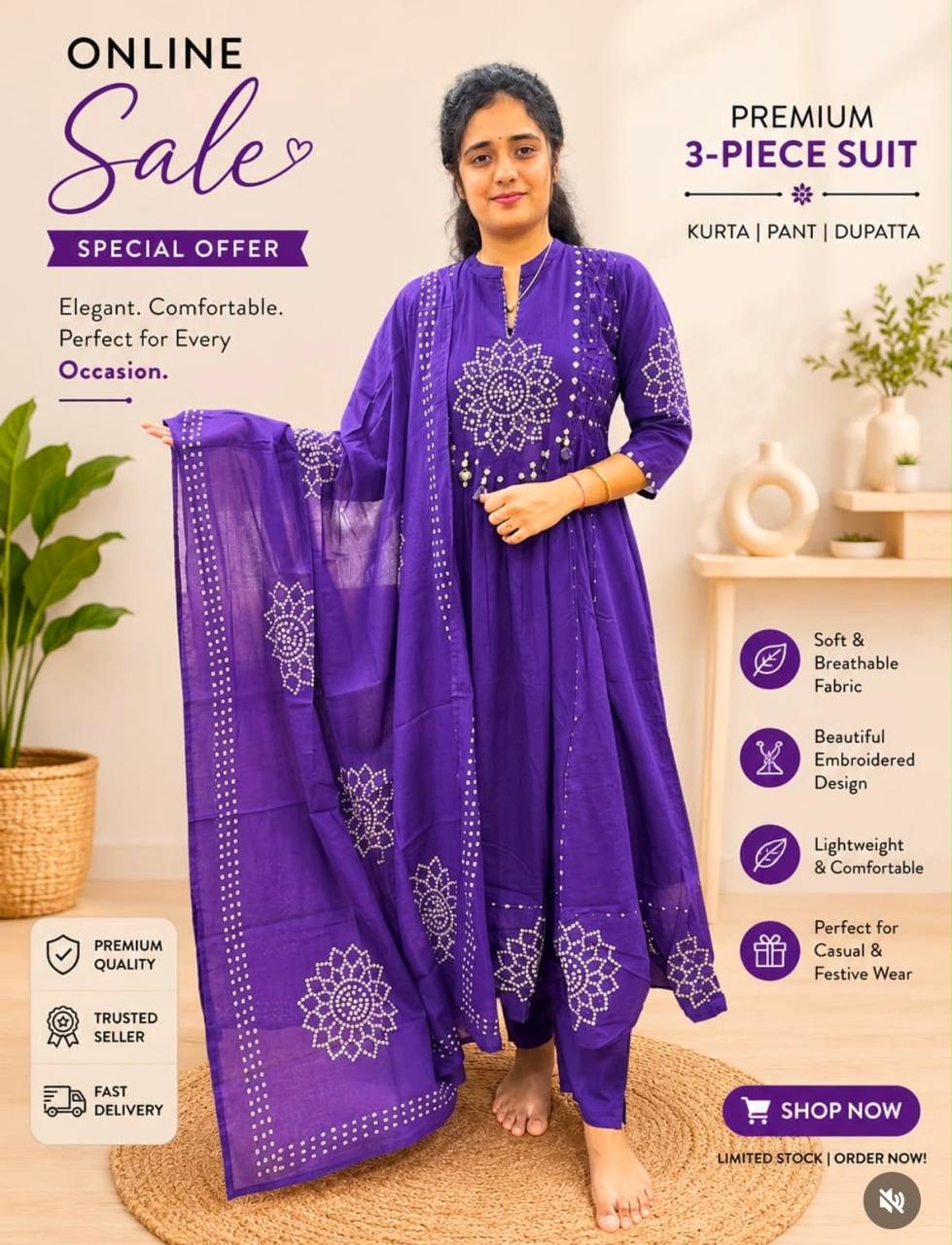 Women's  Printed 3-Piece Kurta Set with Dupatta